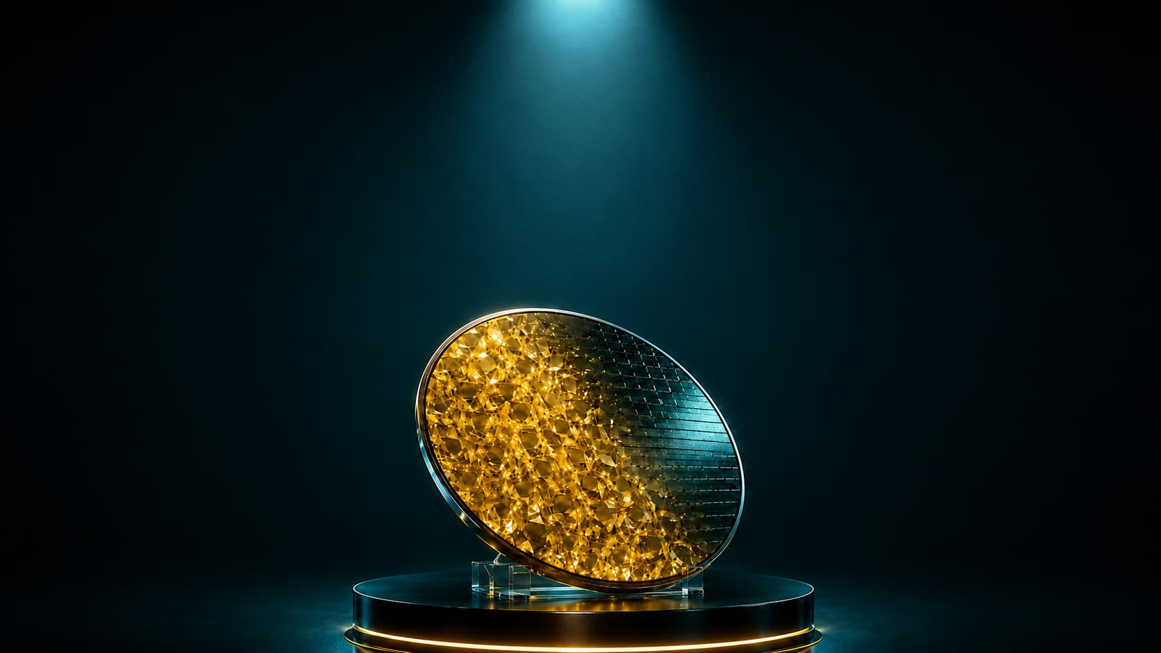 Golden diamond cooling chip wafer with crystalline diamond structure on a futuristic illuminated pedestal under teal studio lighting.