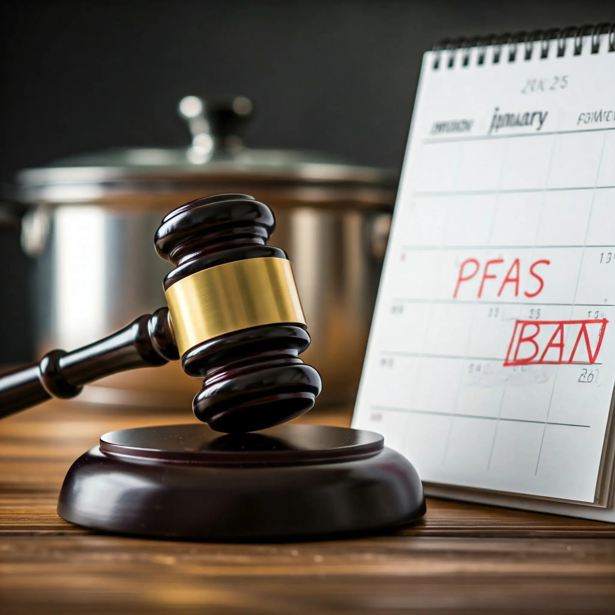 a legal gavel and cookware juxtaposed on a wooden table