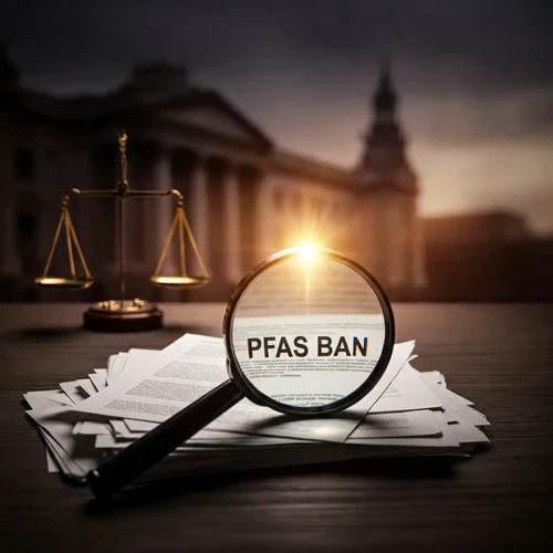 magnifying glass focusing on documents labeled PFAS BAN