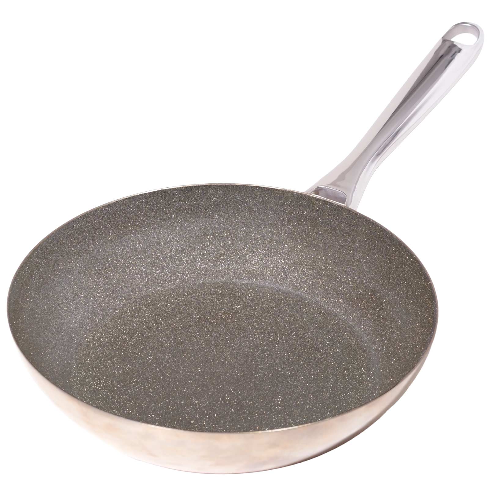 Gray frying pan with speckled surface on a white background