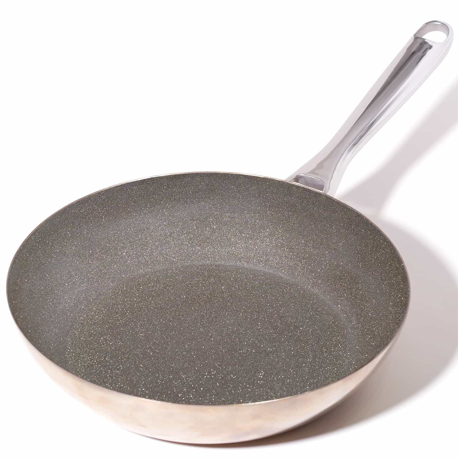 Close-up of a diamond frying pan with a speckled nonstick surface and a modern handle.